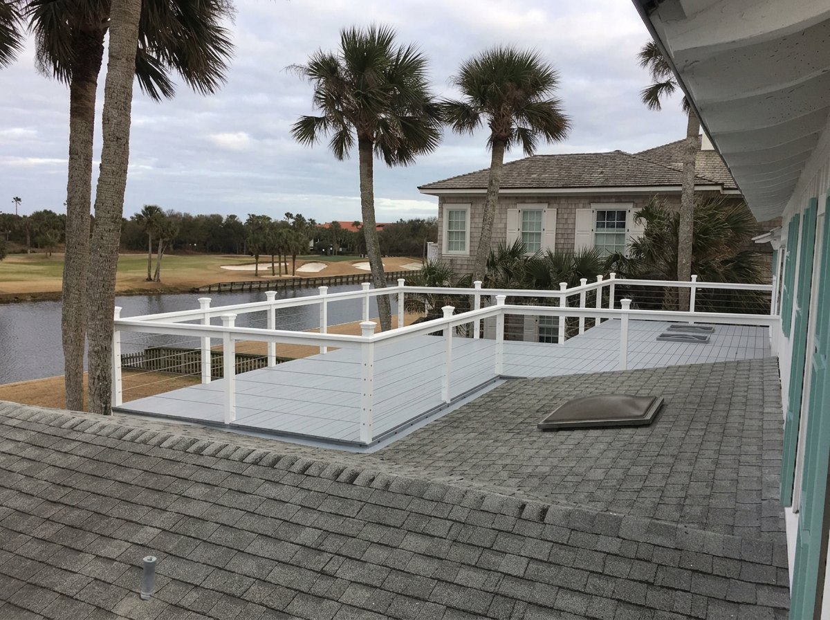 Custom rooftop deck carpentry with white cable railing overlooking the golf course in Ponte Vedra Beach FL